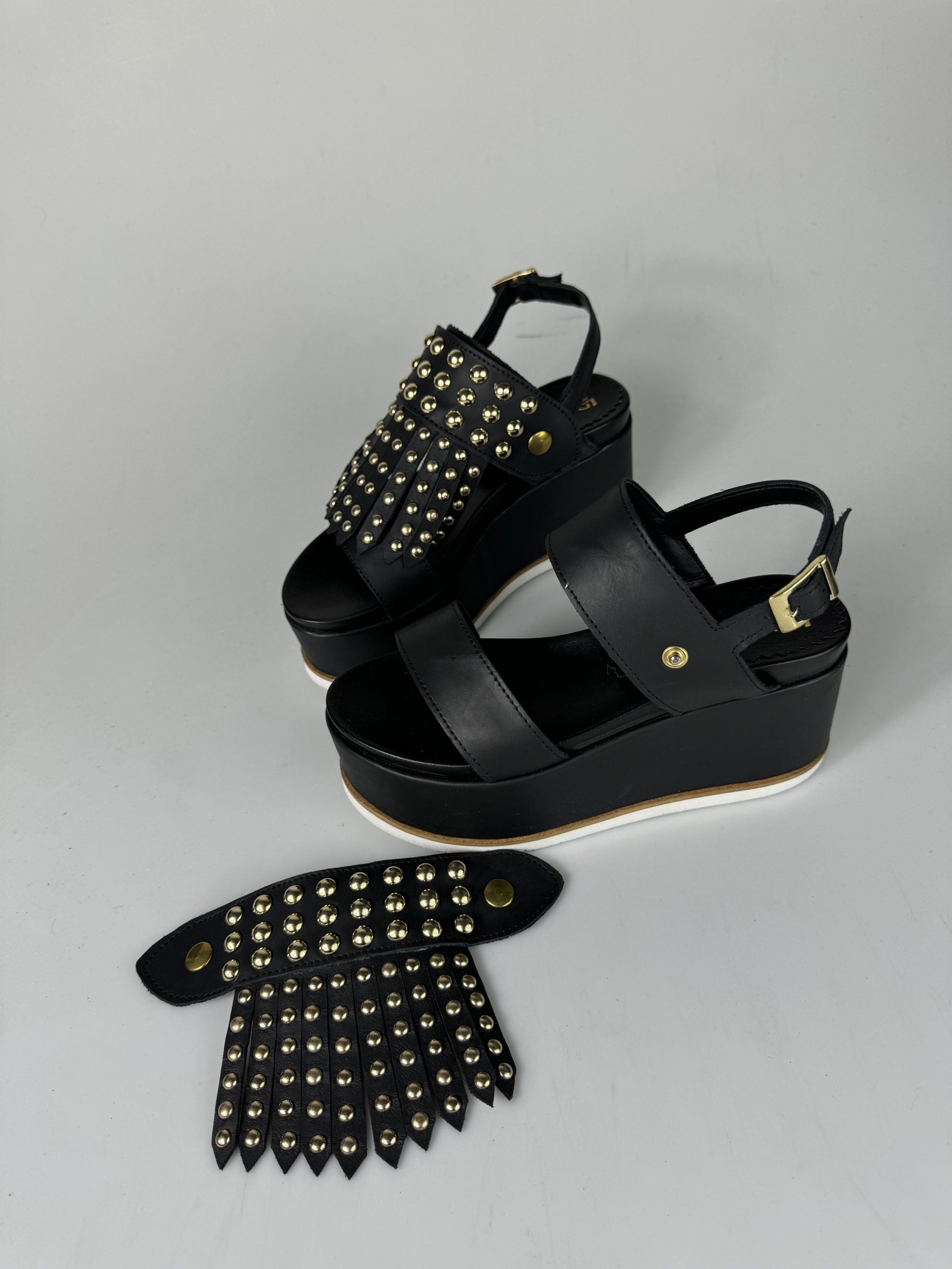 Holly51 black leather gold studs
