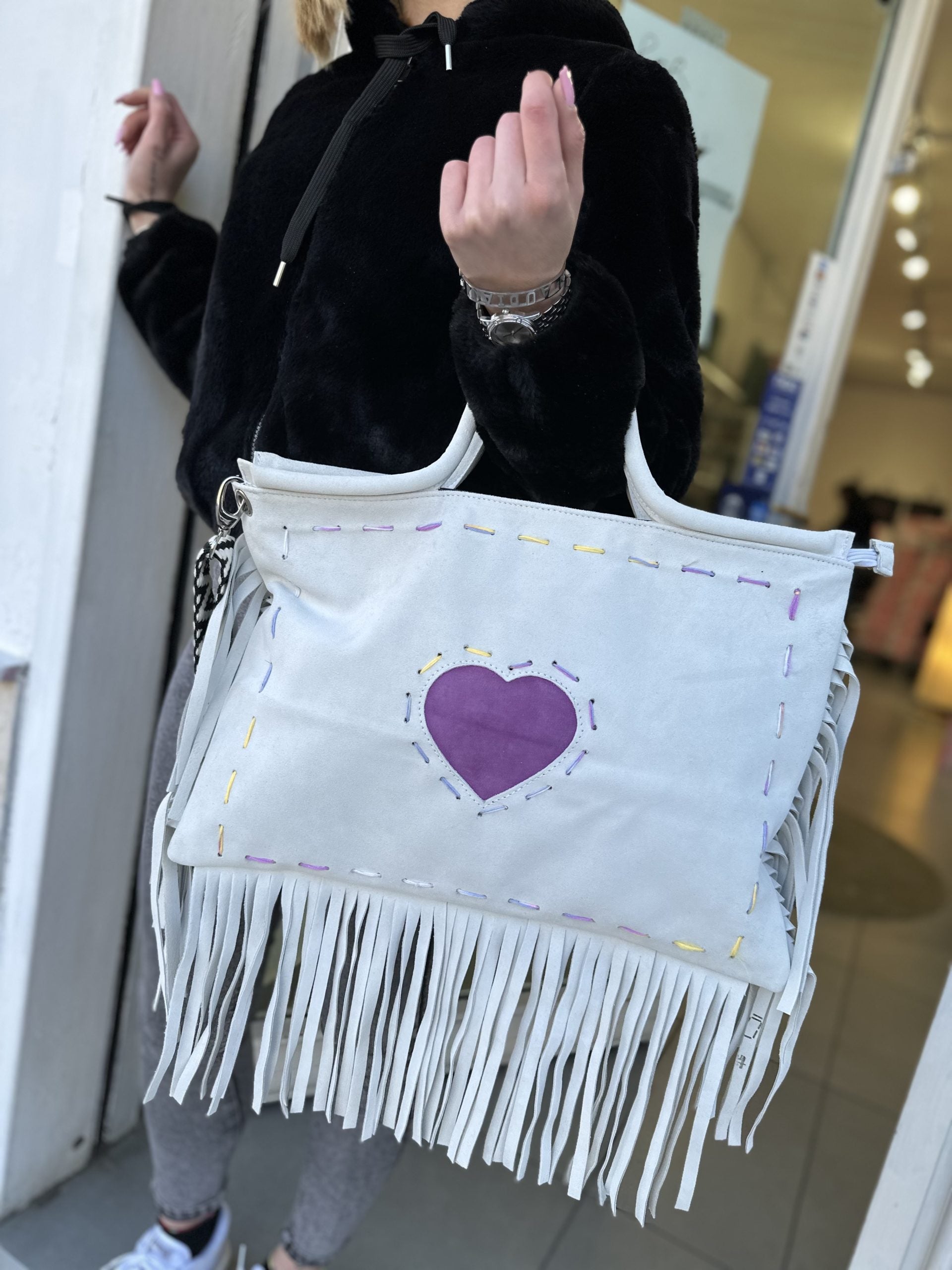 Jumbo bag cuore camoscio ghiaccio rip. viola