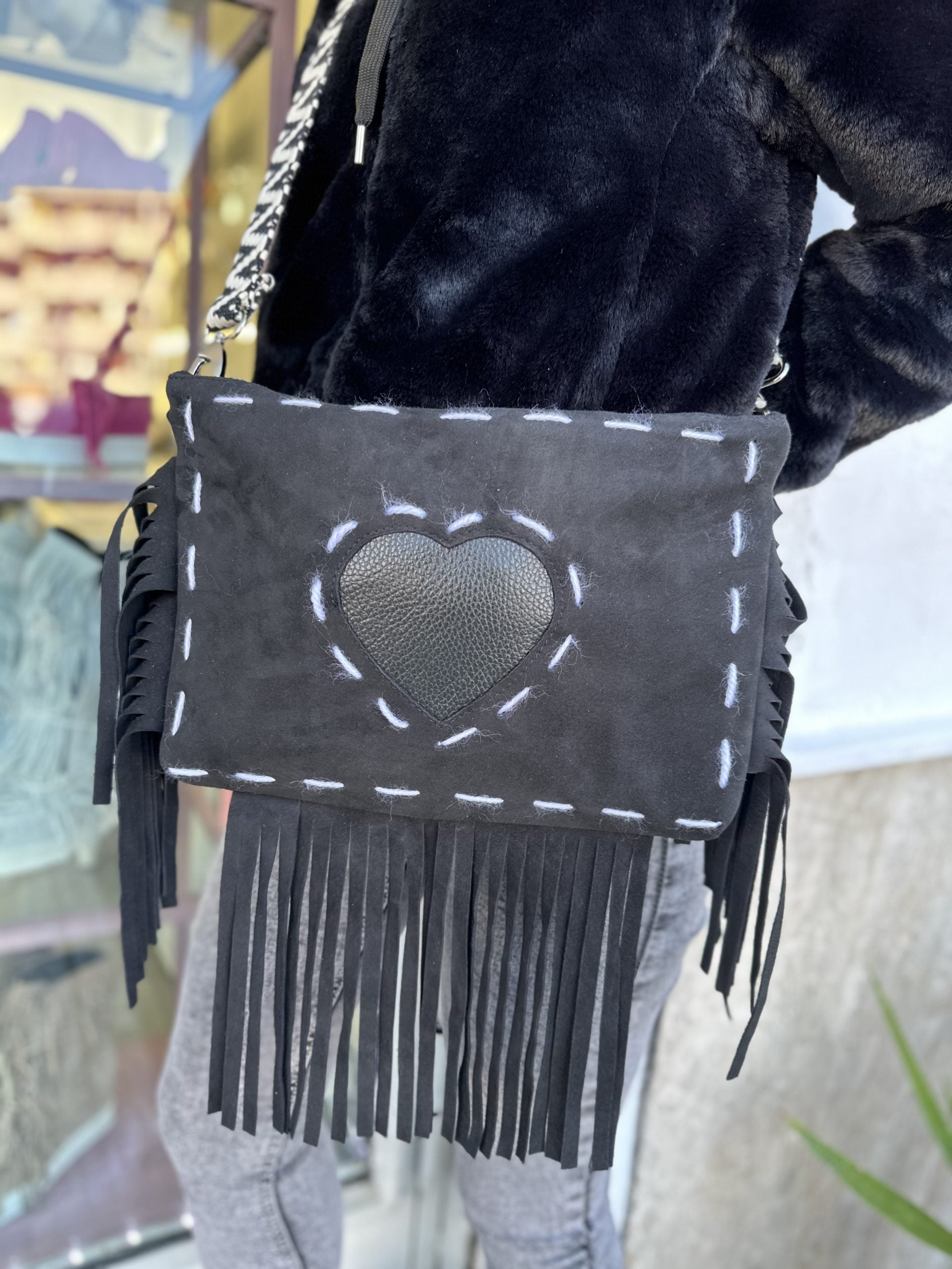 Jumbo bag mini cuore cam nero rip. bianco