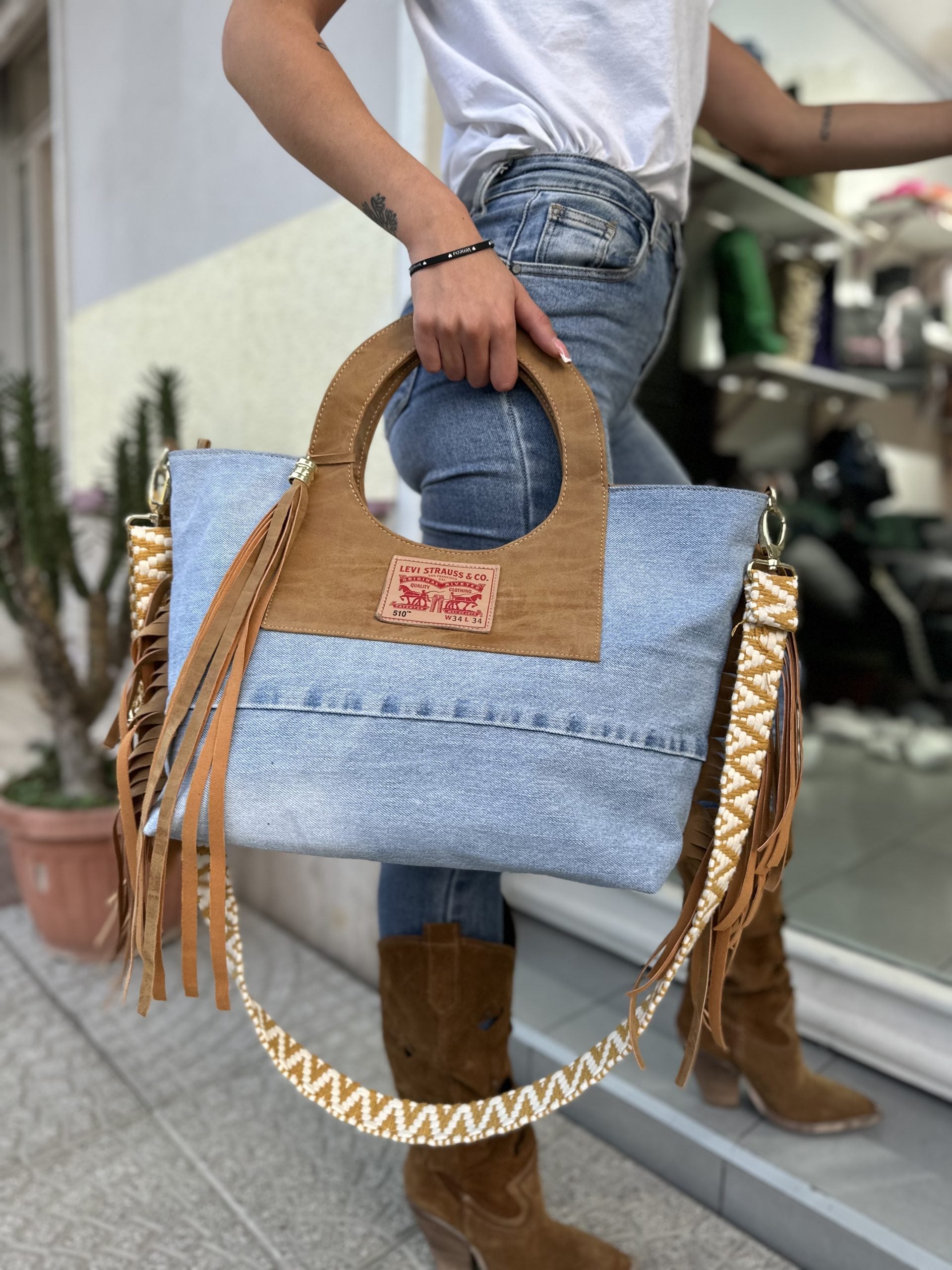 Orchidea bag jeans/ cuoio