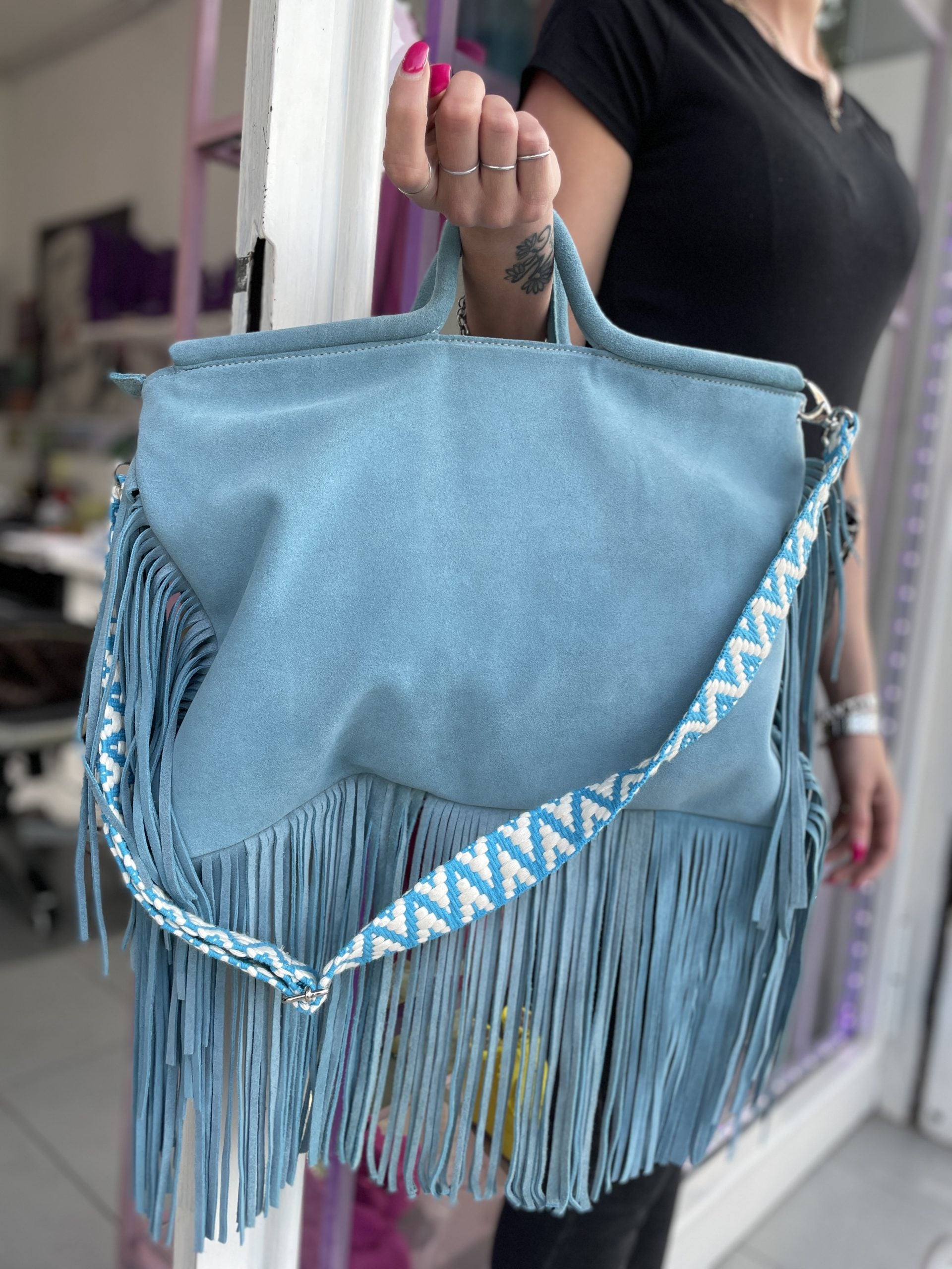 Jumbo bag camoscio celeste